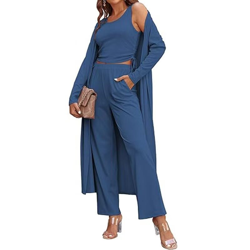 Featured image for 'Women's 3-Piece Knit Set Long Cardigan, Drawstring Pants & Vest for Effortless Elegance'