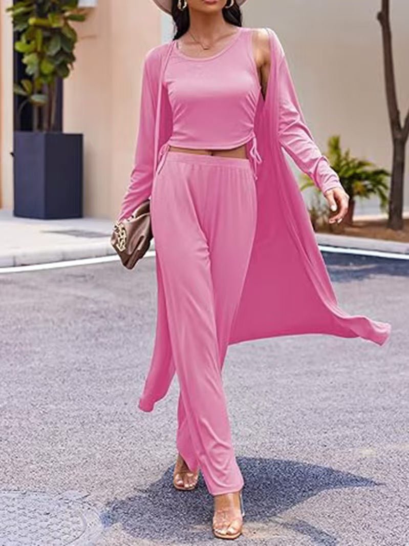 Featured image for 'Women's 3-Piece Knit Set Long Cardigan, Drawstring Pants & Vest for Effortless Elegance'