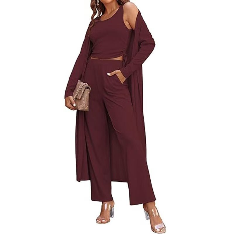 Featured image for 'Women's 3-Piece Knit Set Long Cardigan, Drawstring Pants & Vest for Effortless Elegance'