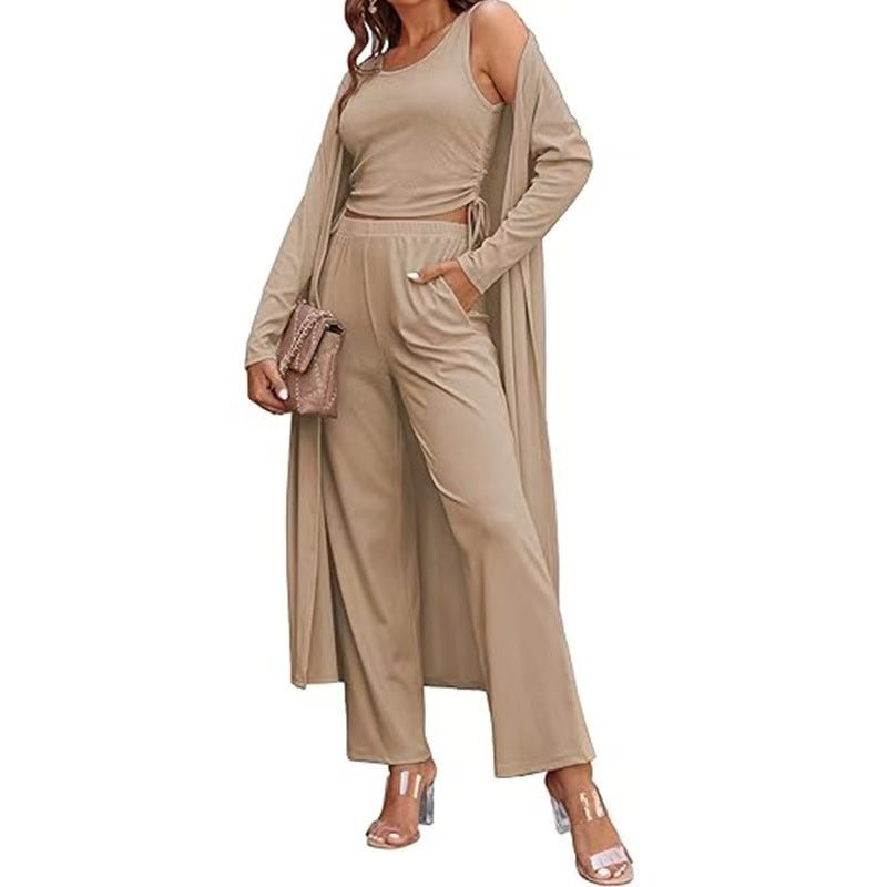 Featured image for 'Women's 3-Piece Knit Set Long Cardigan, Drawstring Pants & Vest for Effortless Elegance'