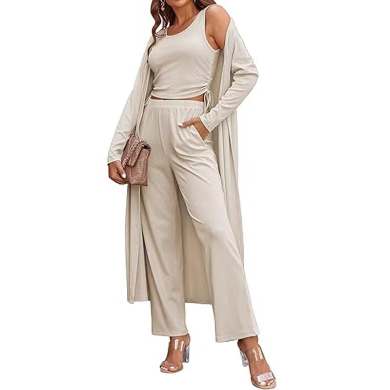 Featured image for 'Women's 3-Piece Knit Set Long Cardigan, Drawstring Pants & Vest for Effortless Elegance'