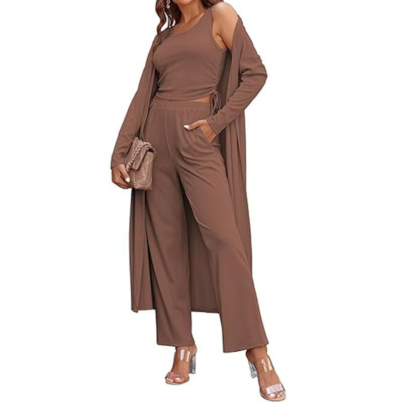 Featured image for 'Women's 3-Piece Knit Set Long Cardigan, Drawstring Pants & Vest for Effortless Elegance'