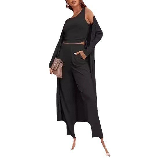 Featured image for 'Women's 3-Piece Knit Set Long Cardigan, Drawstring Pants & Vest for Effortless Elegance'