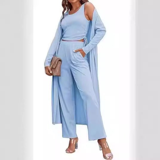 Featured image for 'Women's 3-Piece Knit Set Long Cardigan, Drawstring Pants & Vest for Effortless Elegance'