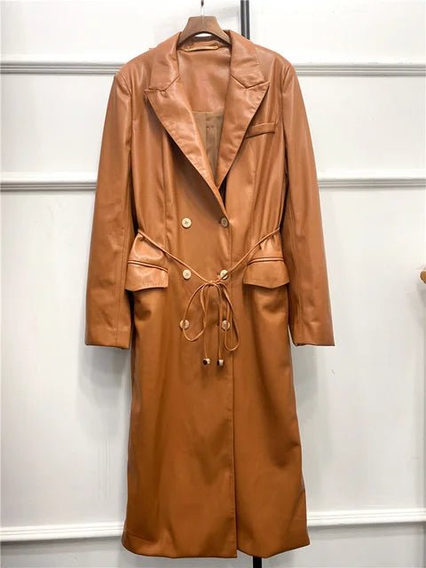 Featured image for 'Women's High-End PU Leather Trench Coat Slim Fit Windbreaker with Lace-Up Waist'