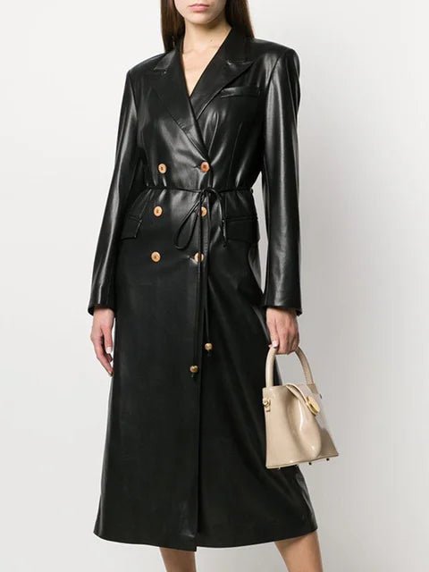 Featured image for 'Women's High-End PU Leather Trench Coat Slim Fit Windbreaker with Lace-Up Waist'