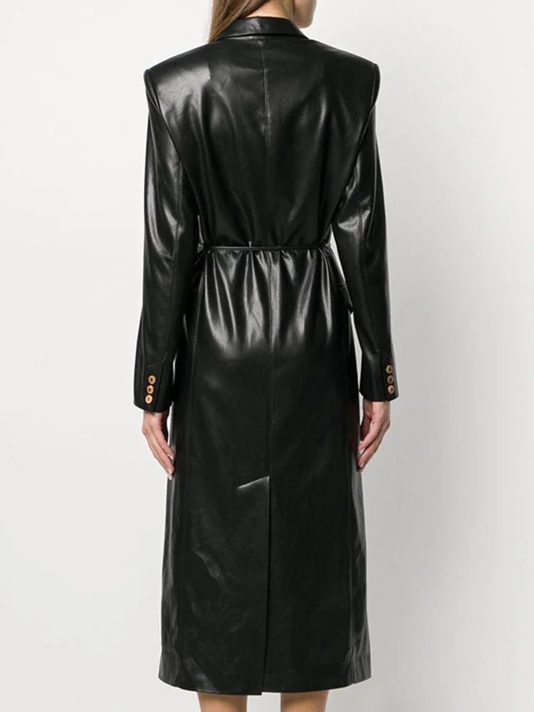 Featured image for 'Women's High-End PU Leather Trench Coat Slim Fit Windbreaker with Lace-Up Waist'