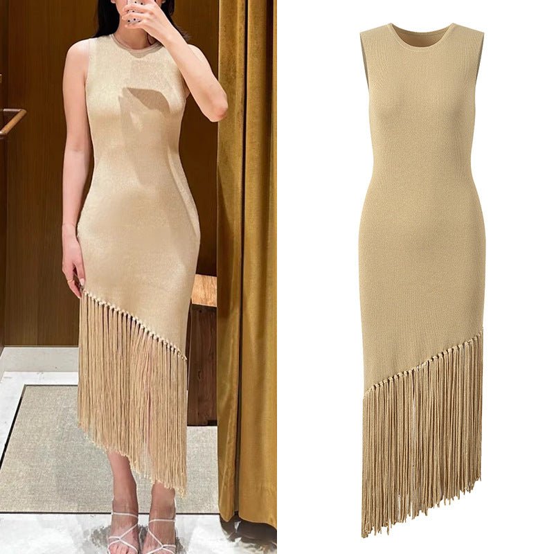 Featured image for 'Women's Sleeveless Knitted Maxi Dress Elegant Tassel-Edge Wrap Dress in Ice Silk'