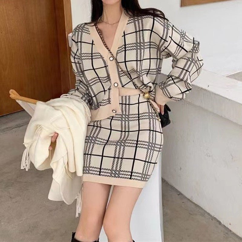 Featured image for 'Women's Checkered Knitted Two-Piece Set Chic Long-Sleeve Sweater & Short Skirt Outfit'