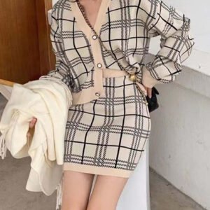 Women's Checkered Knitted Two-Piece Set Chic Long-Sleeve Sweater & Short Skirt Outfit