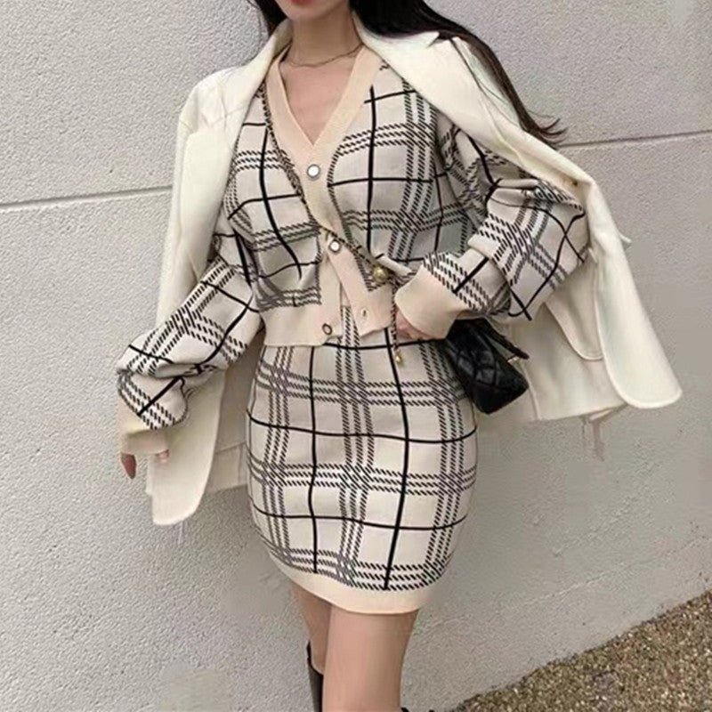 Featured image for 'Women's Checkered Knitted Two-Piece Set Chic Long-Sleeve Sweater & Short Skirt Outfit'
