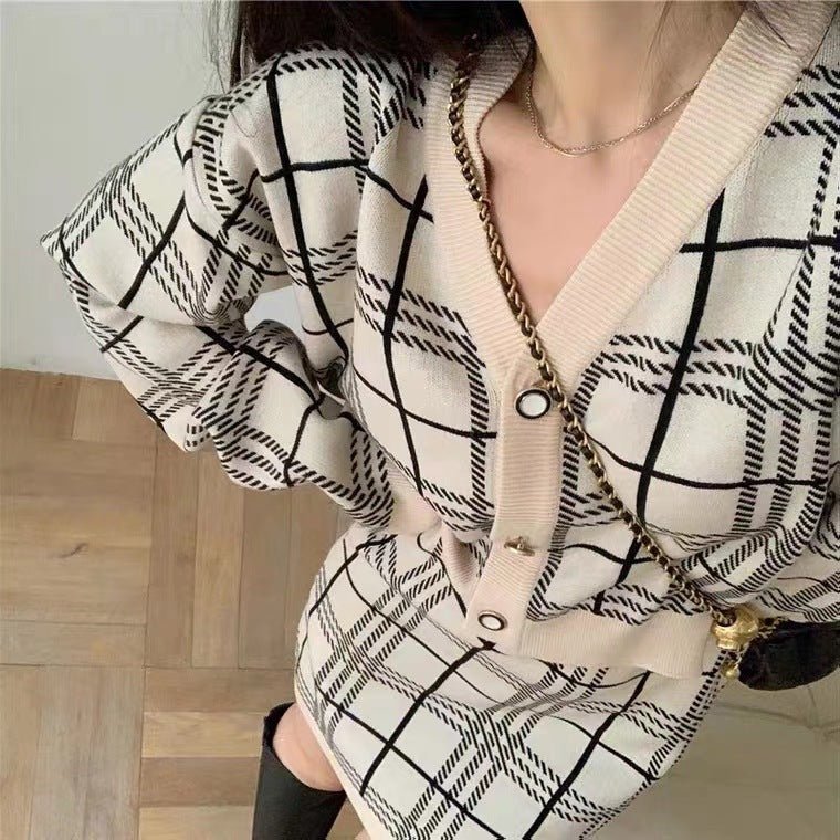 Featured image for 'Women's Checkered Knitted Two-Piece Set Chic Long-Sleeve Sweater & Short Skirt Outfit'