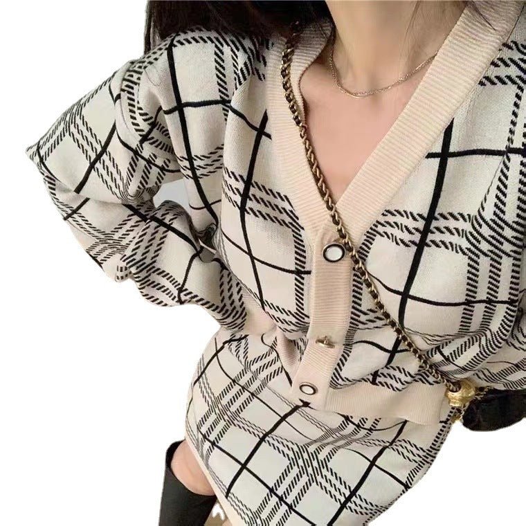 Featured image for 'Women's Checkered Knitted Two-Piece Set Chic Long-Sleeve Sweater & Short Skirt Outfit'