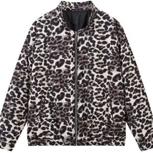 Women's Retro Leopard Print Jacket Casual Loose-Fit Cotton Jacket with Zipper and Pockets